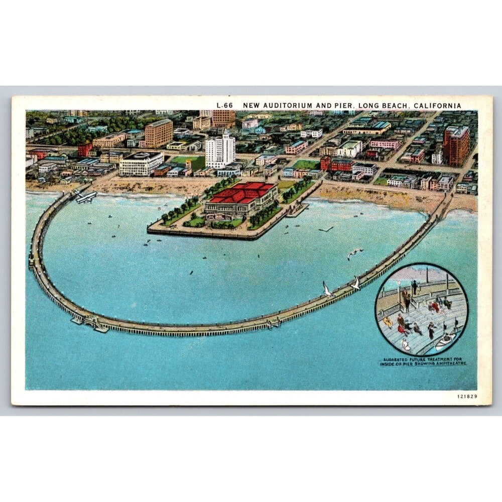 Vintage Postcard CA Long beach California New Auditorium & Pier L-66 Unposted